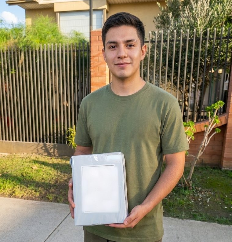 Conductor de Ecourier con un paquete listo para entregar en el domicilio del comprador
